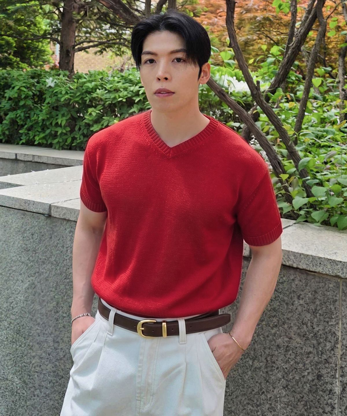 메르고(MERGO) 루벤 브이넥 반팔 니트 [레드]