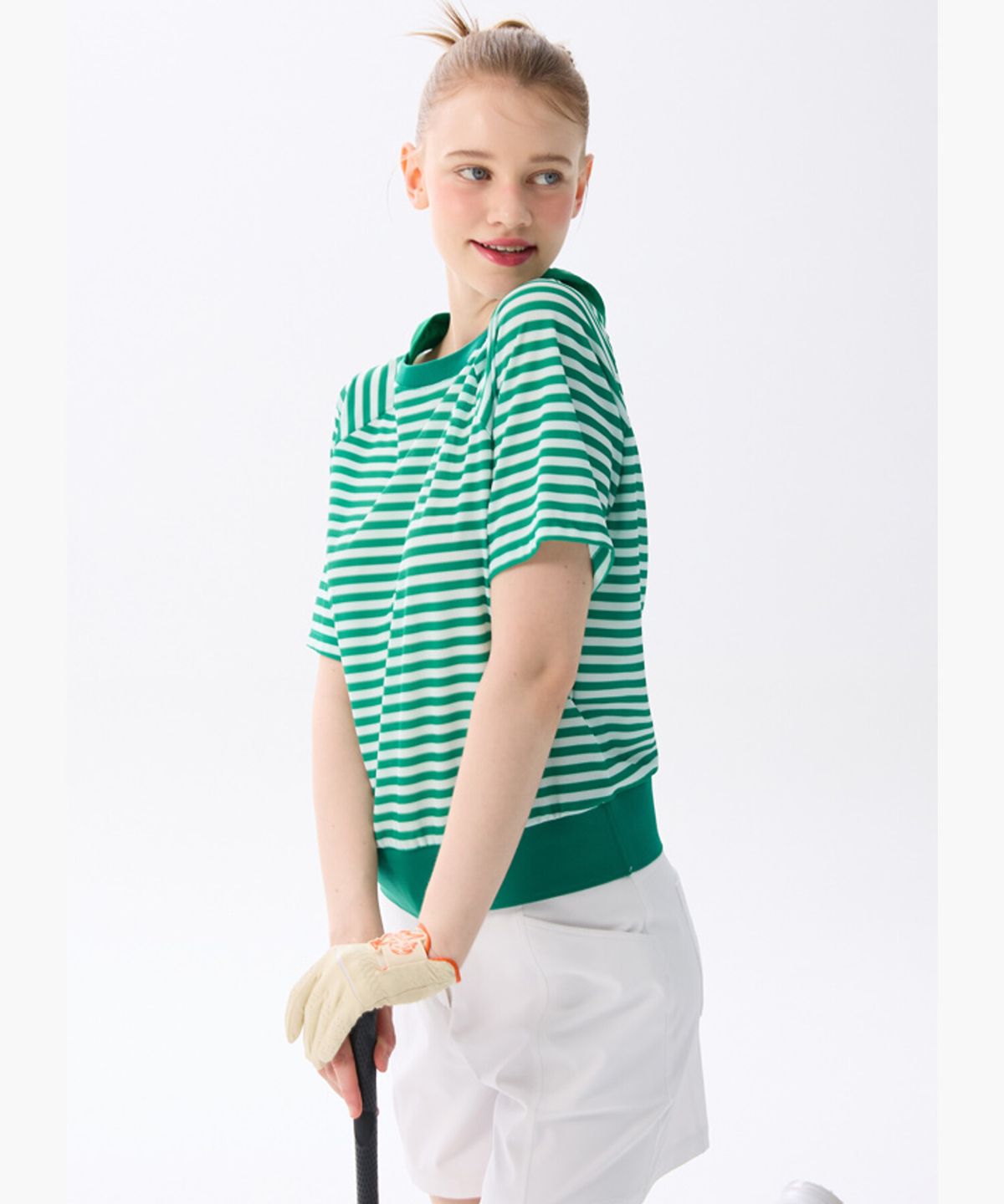 르꼬끄 골프(LECOQ GOLF) 여성 메쉬 스트라이프 후드 반팔 티셔츠 _GREN GR222LRS41