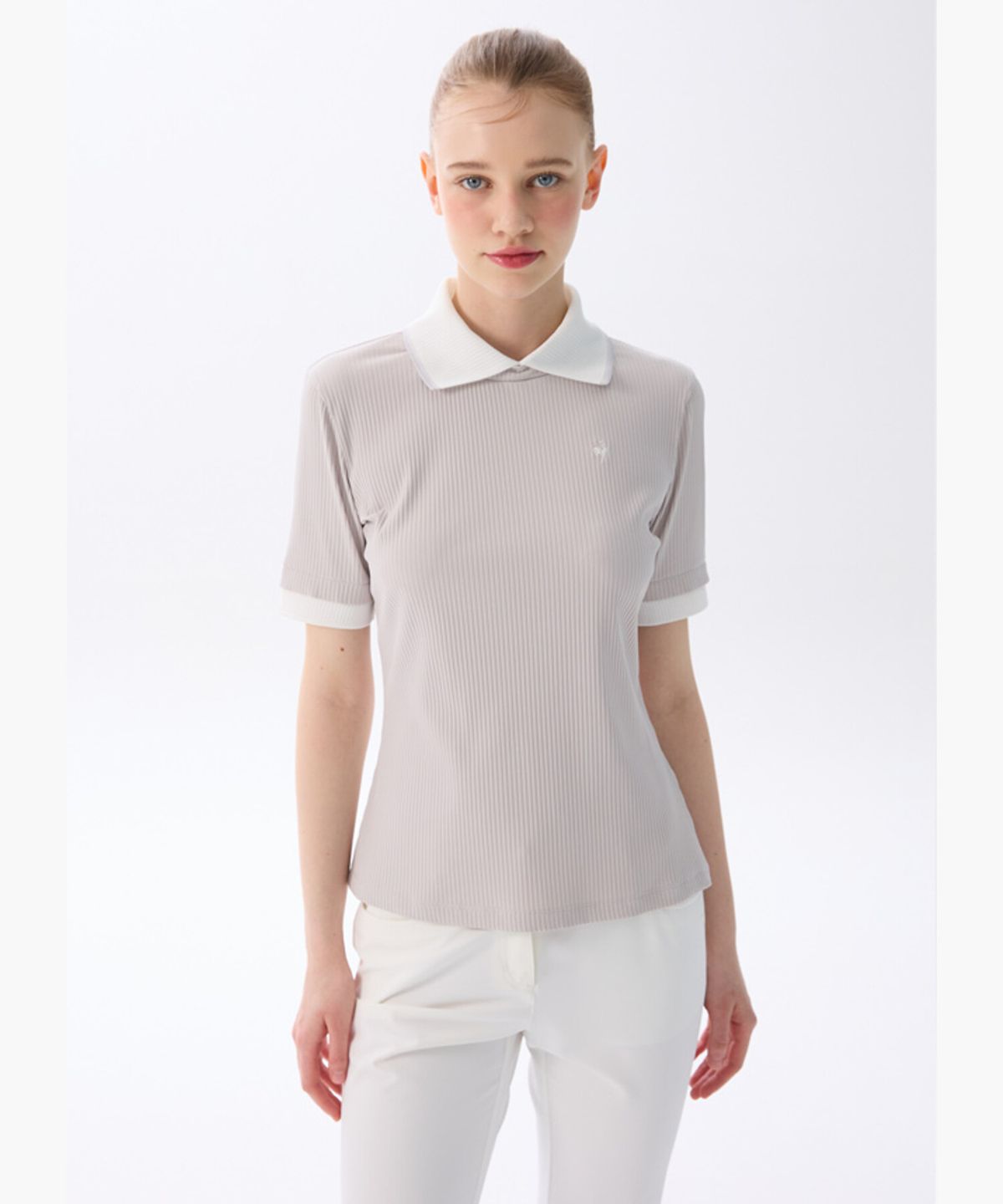 르꼬끄 골프(LECOQ GOLF) 여성 스트레치 골지 배색 카라 반팔 티셔츠 _MGRY GR222LTS51