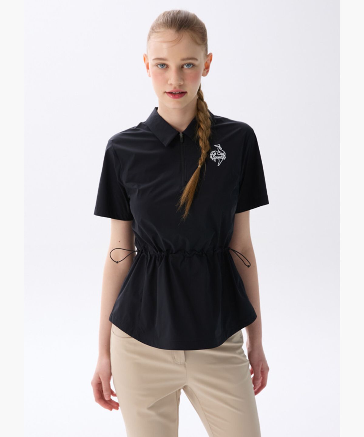 르꼬끄 골프(LECOQ GOLF) 여성 우븐 반집업 카라 반팔 티셔츠 _BLCK GR222LTS45