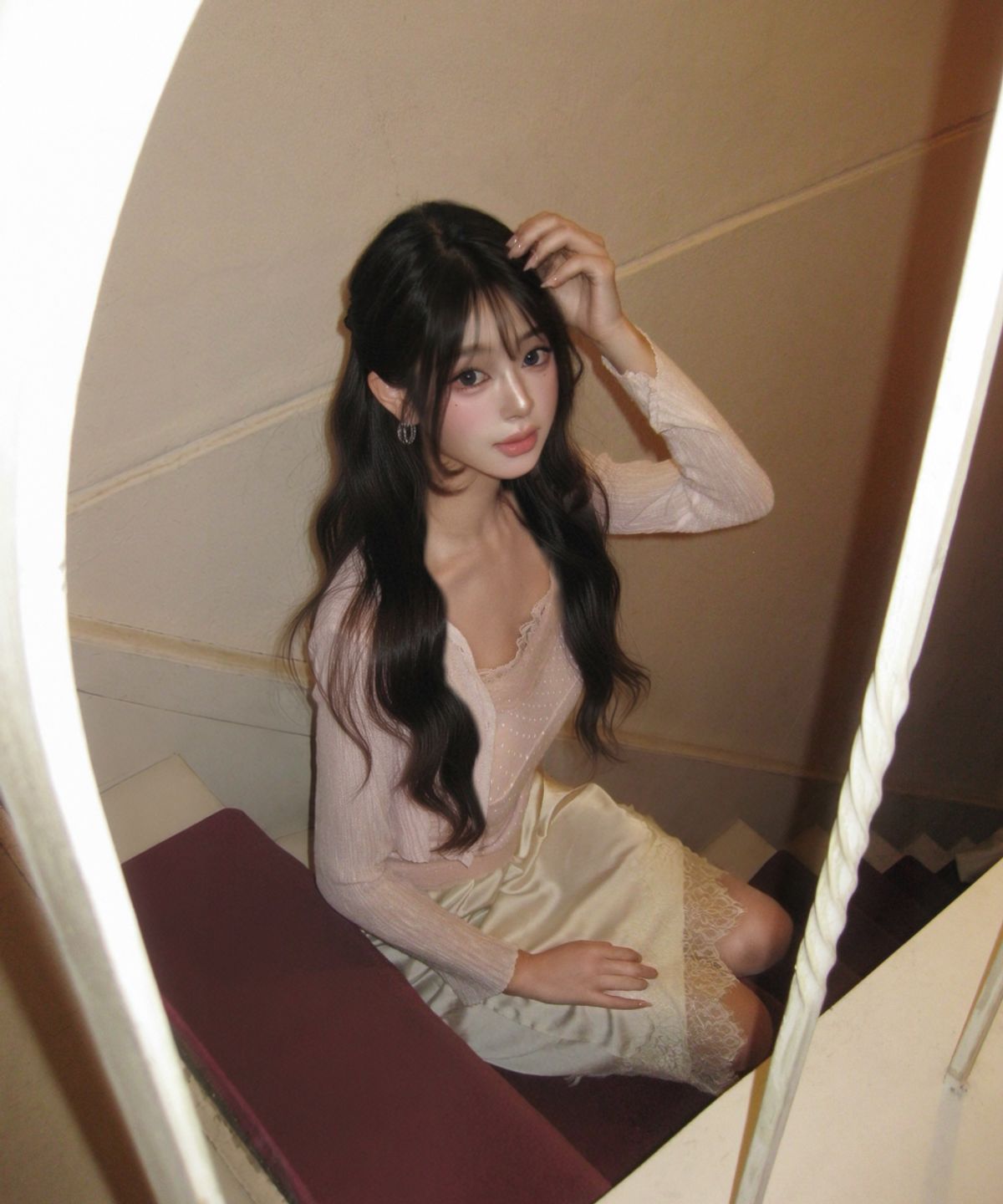 민씨오(MINCO) 새틴 레이스 레이어드 미디 스커트_ivory