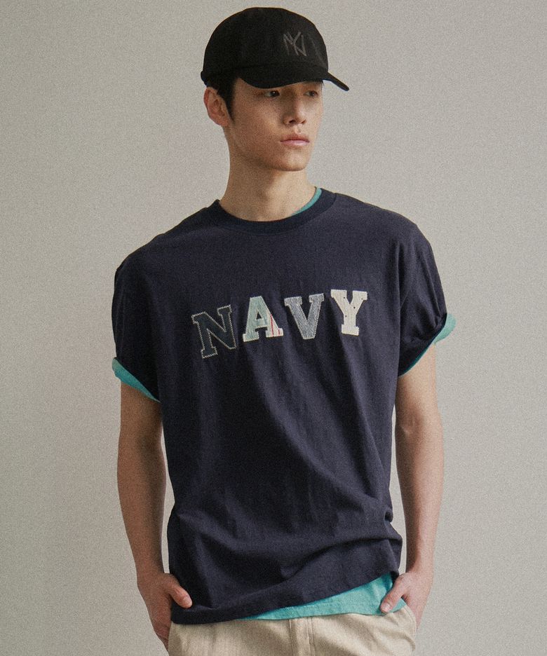 [COLLECTION LINE] 빈티지 패치워크 슬럽 반팔 티셔츠 네이비