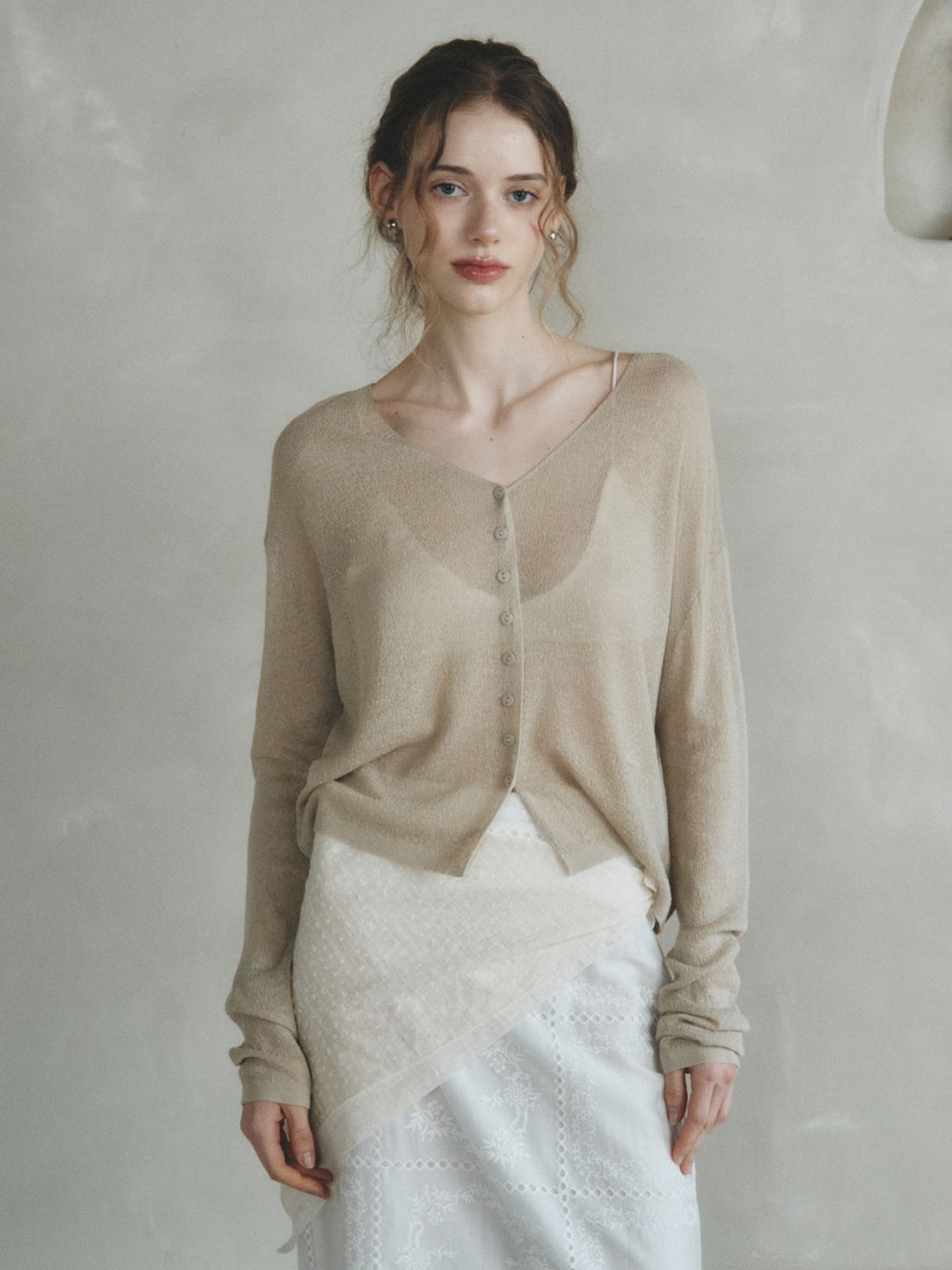 르니나(LENINA) COLIN linen sheer knit cardigan_KHAKI