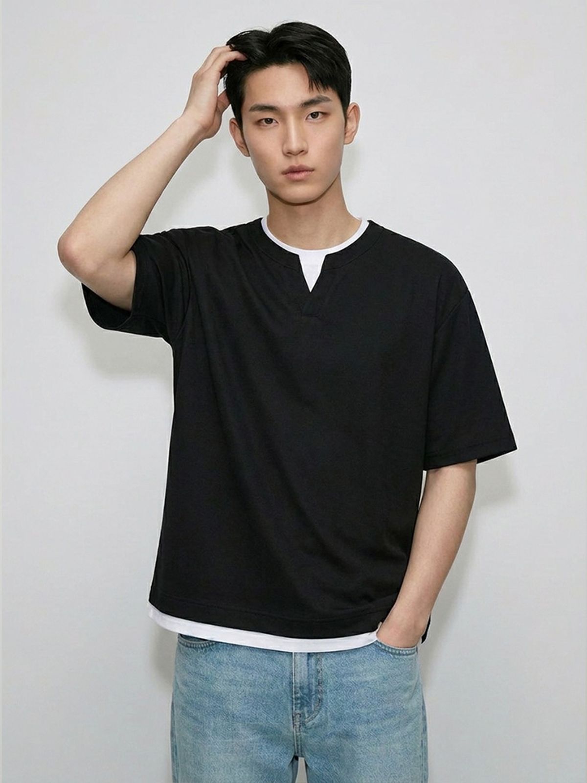 행텐(HANGTEN) 남성 레이어드 숏 슬리브 티셔츠_100(10570-031-429-31)