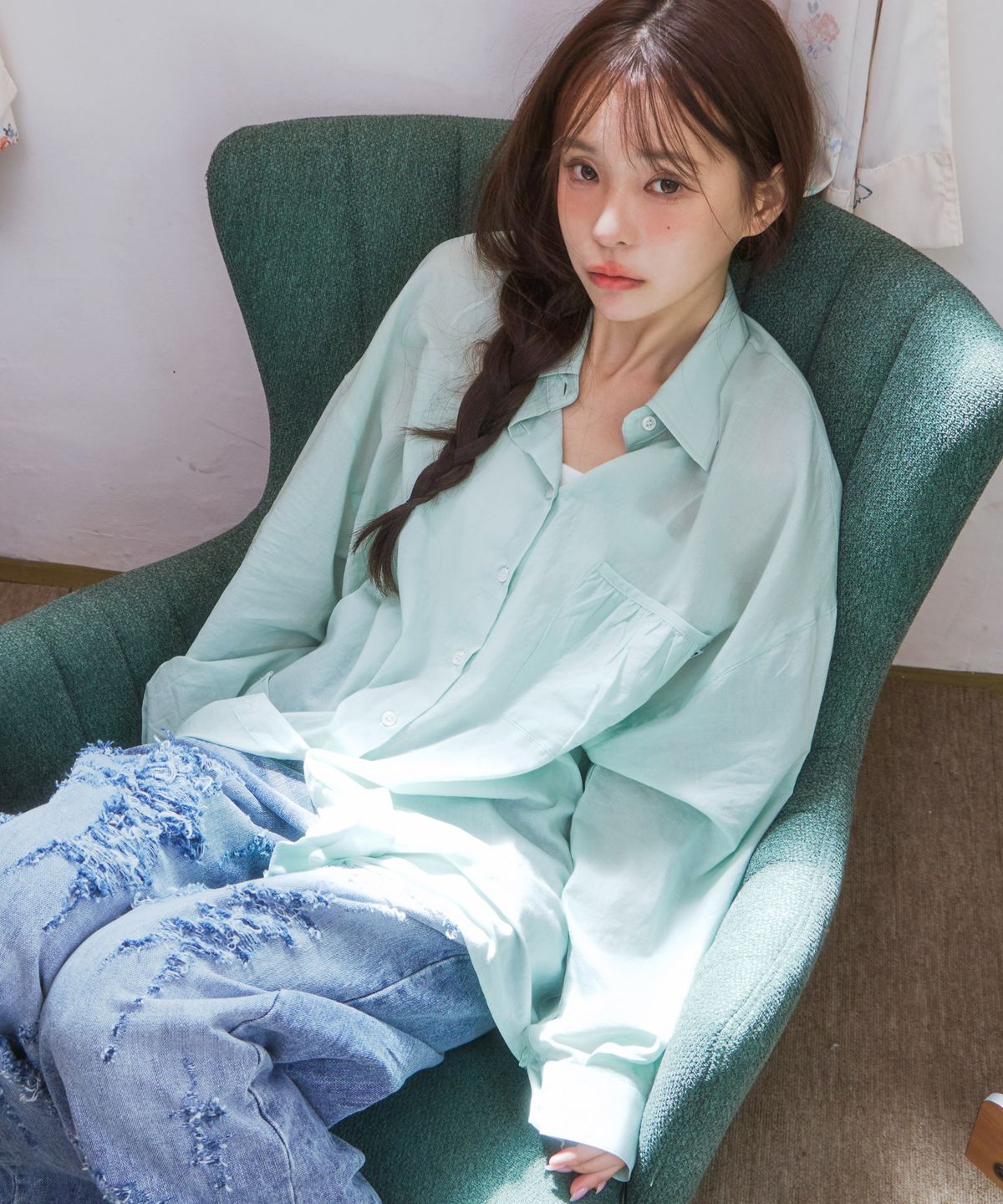 키지코(KIJIKO) ke206. Shirring Pocket Overfit Shirt Mint