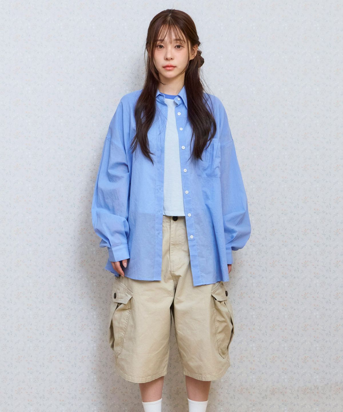 키지코(KIJIKO) ke206. Shirring Pocket Overfit Shirt Blue