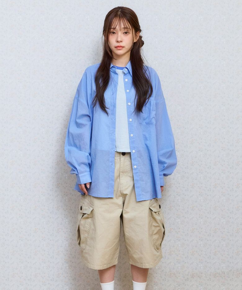 ke206. Shirring Pocket Overfit Shirt Blue
