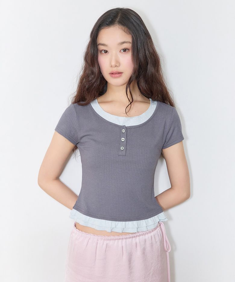 패턴 프릴 레이어드 티셔츠 RE LWG412A_MIWHWG50QA