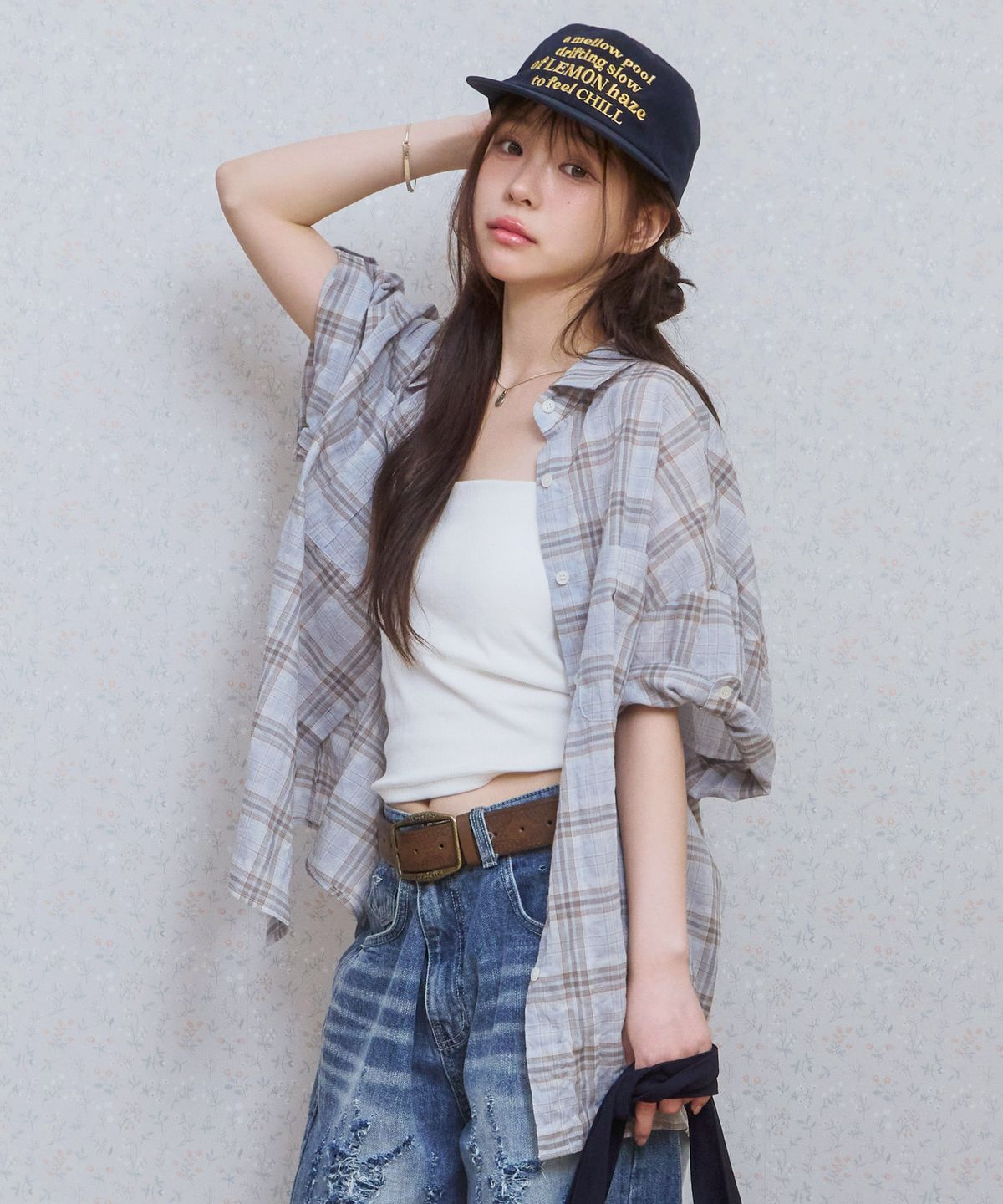 키지코(KIJIKO) ke208. Overfit Check Roll Up Half Shirt Light Blue