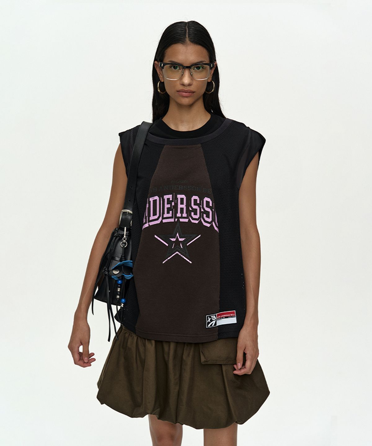 앤더슨벨(ADSB ANDERSSON BELL) BASKETBALL JERSEY LAYERED ROLL UP T-SHIRT atb1449w(BLACK/BROWN)