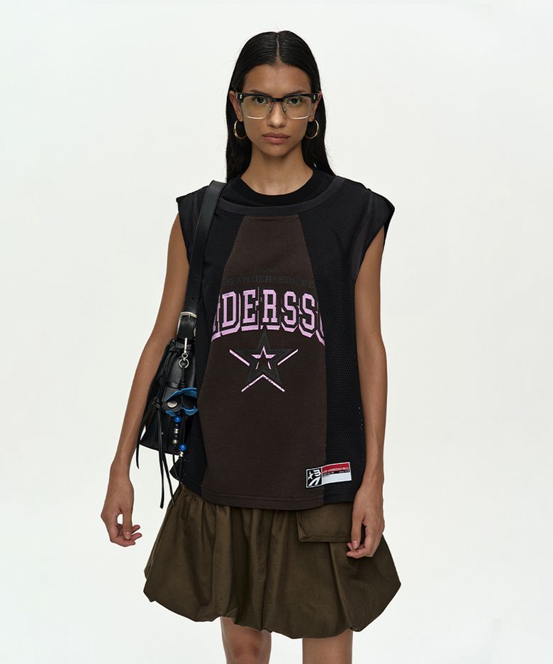 BASKETBALL JERSEY LAYERED ROLL UP T-SHIRT atb1449w(BLACK/BROWN)