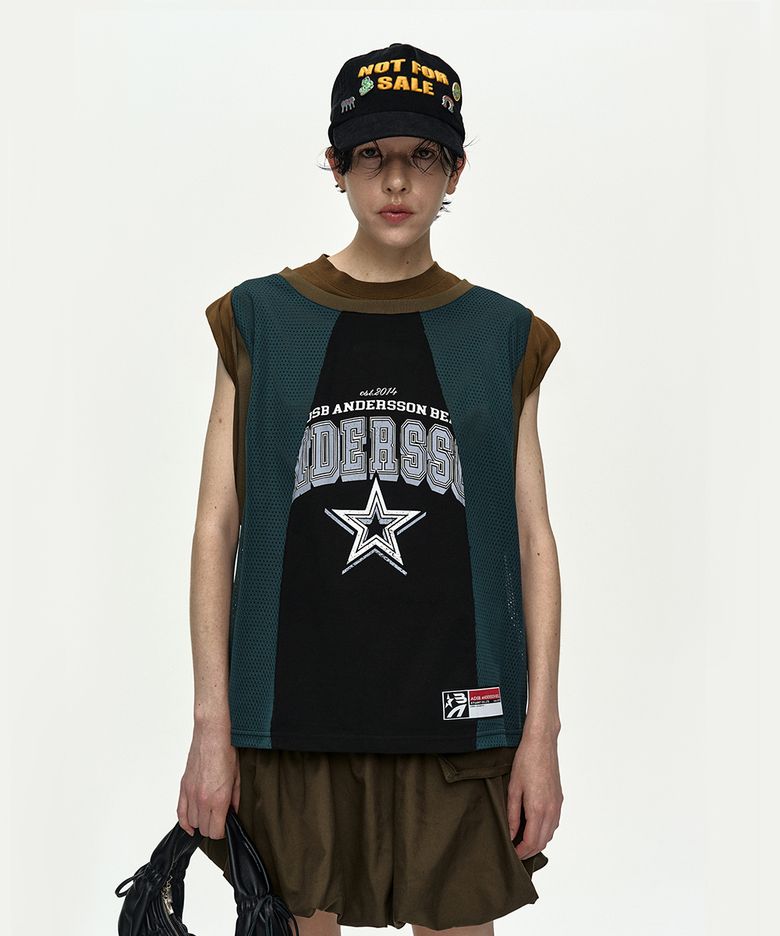 BASKETBALL JERSEY LAYERED ROLL UP T-SHIRT atb1449w(KHAKI/GREEN)