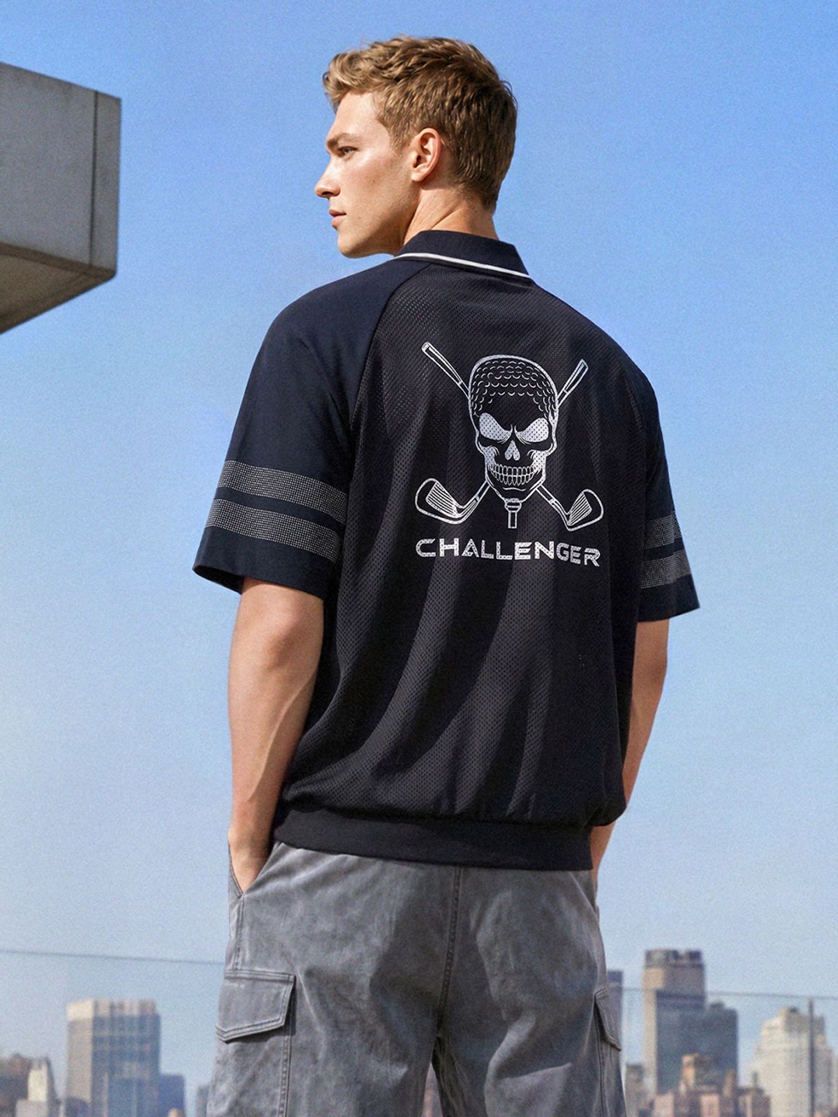 챌린저(CHALLENGER) 남성 스컬 포인트 카라 반팔 티셔츠 블랙