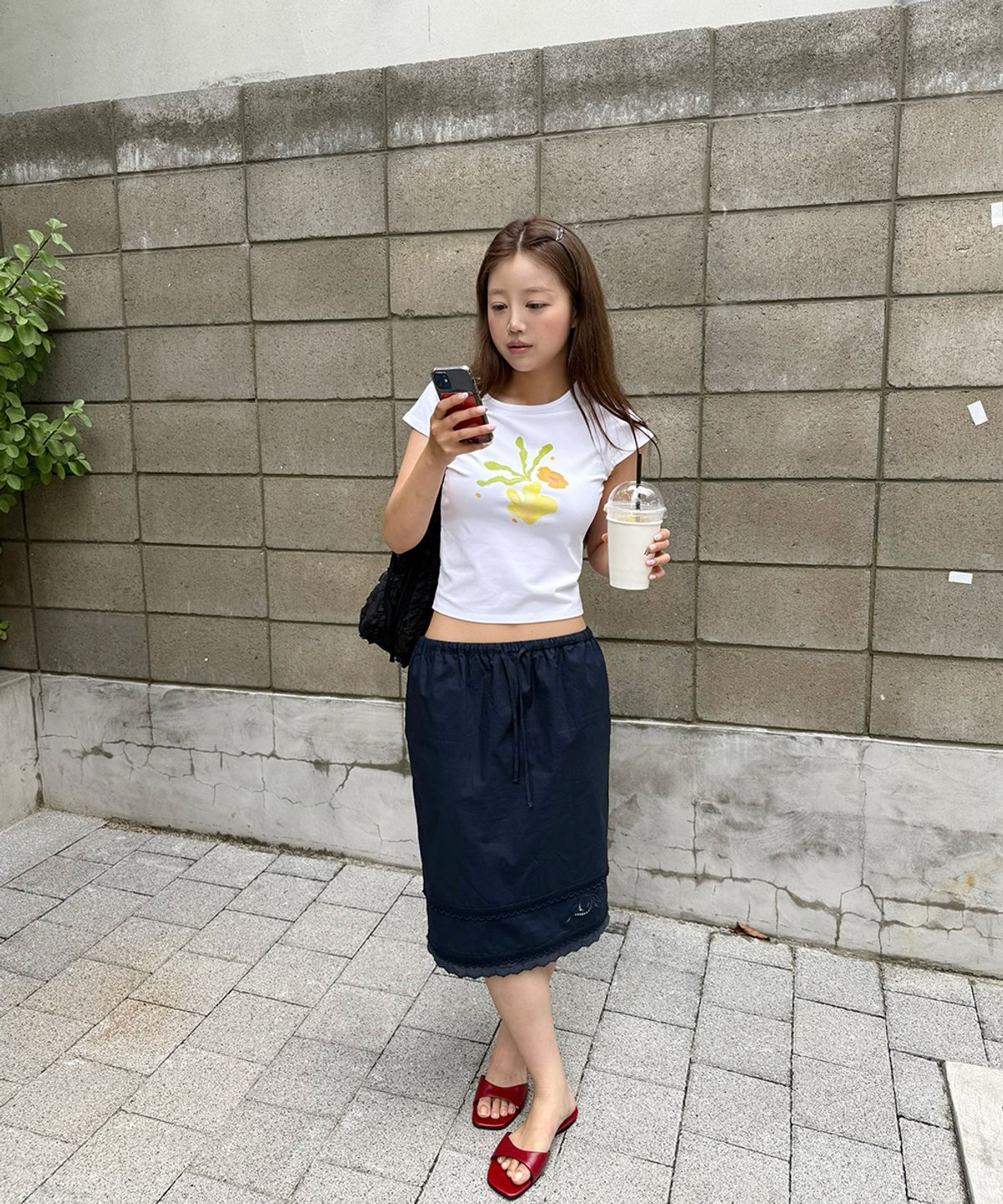 시눈(SINOON) Eyelet Punching Midi Skirt (Navy)