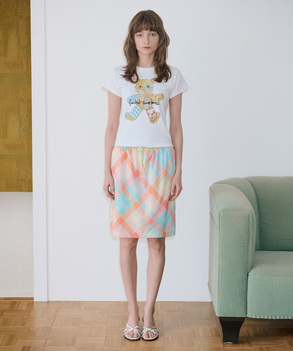 시눈(SINOON) Check Printed Midi Skirt (Orange)