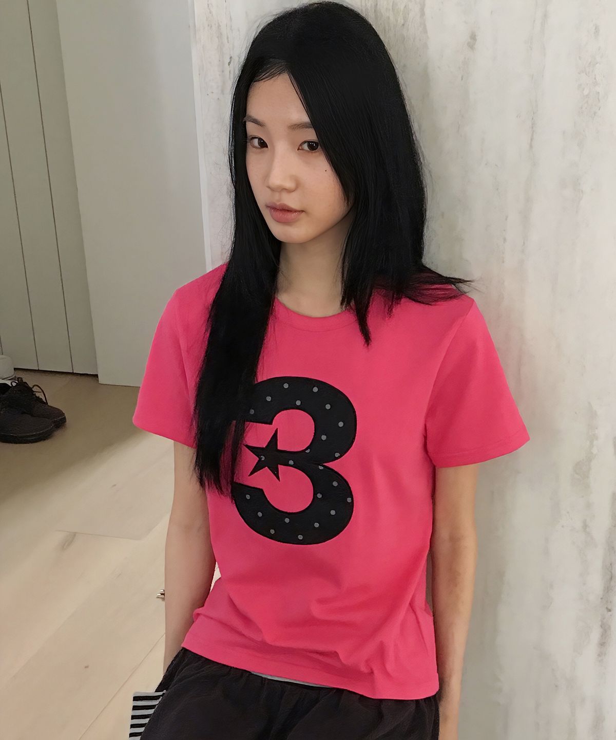바우프(BAUF) 3 logo 도트 슬림핏 티셔츠 [핑크]