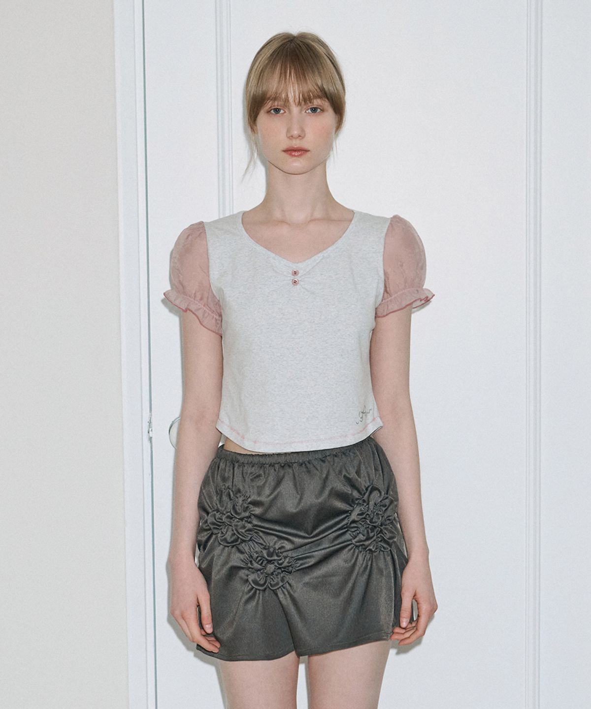 시눈(SINOON) Ribbon Shirring Puff T-Shirt (Melange Grey)