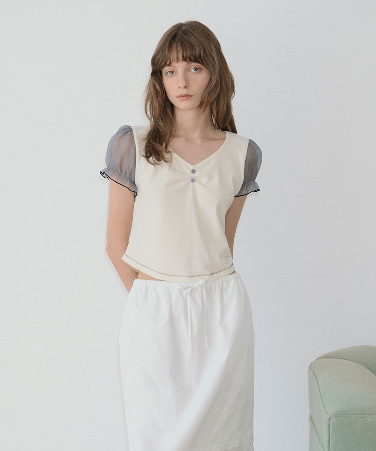 시눈(SINOON) Ribbon Shirring Puff T-Shirt (Cream)