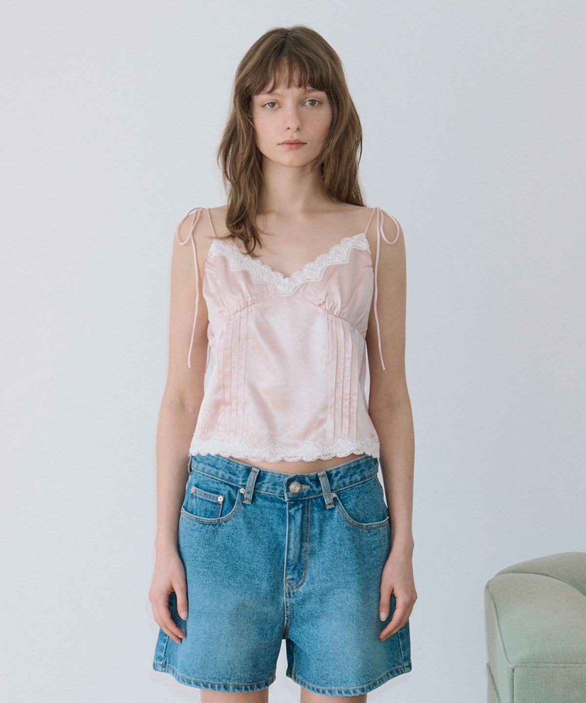 시눈(SINOON) Satin Lace Sleeveless Blouse (Pink)