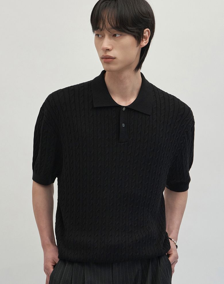 쿨 뱀부 세미 오버핏 케이블 카라 반팔 니트 [블랙]