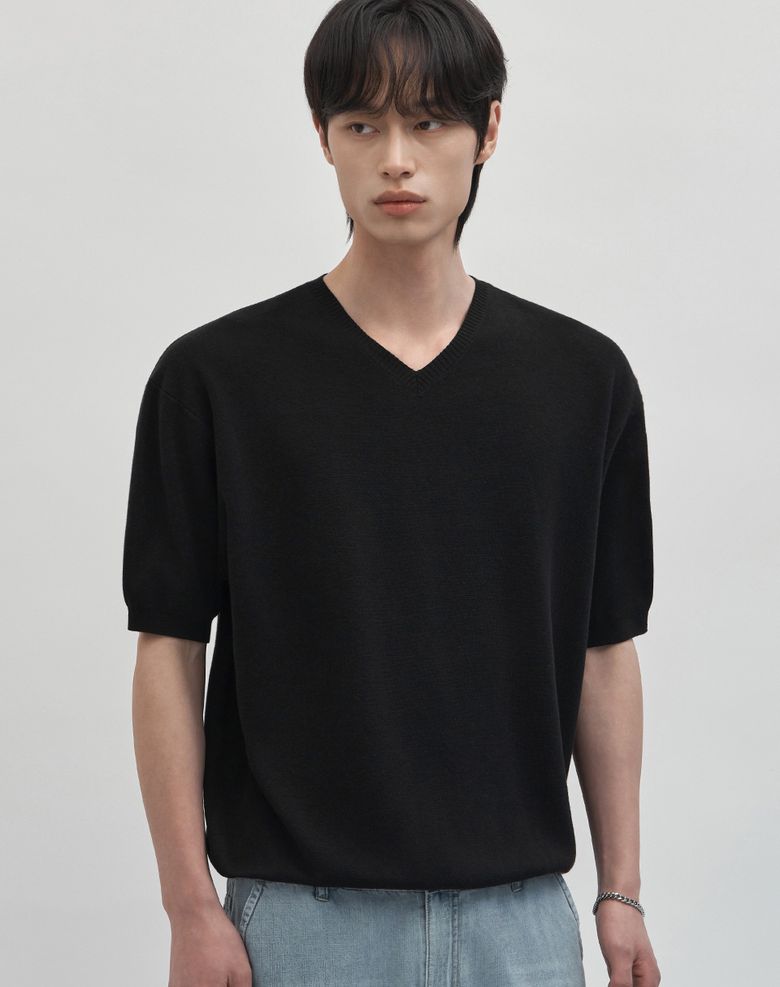쿨 뱀부 세미 오버핏 브이넥 반팔 니트 [블랙]