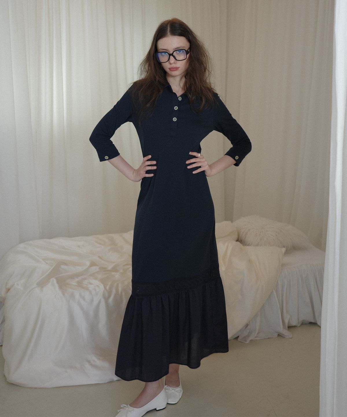살롱 드 욘(SALON DE YOHN) Cotton Jersey Long Dress_ Navy