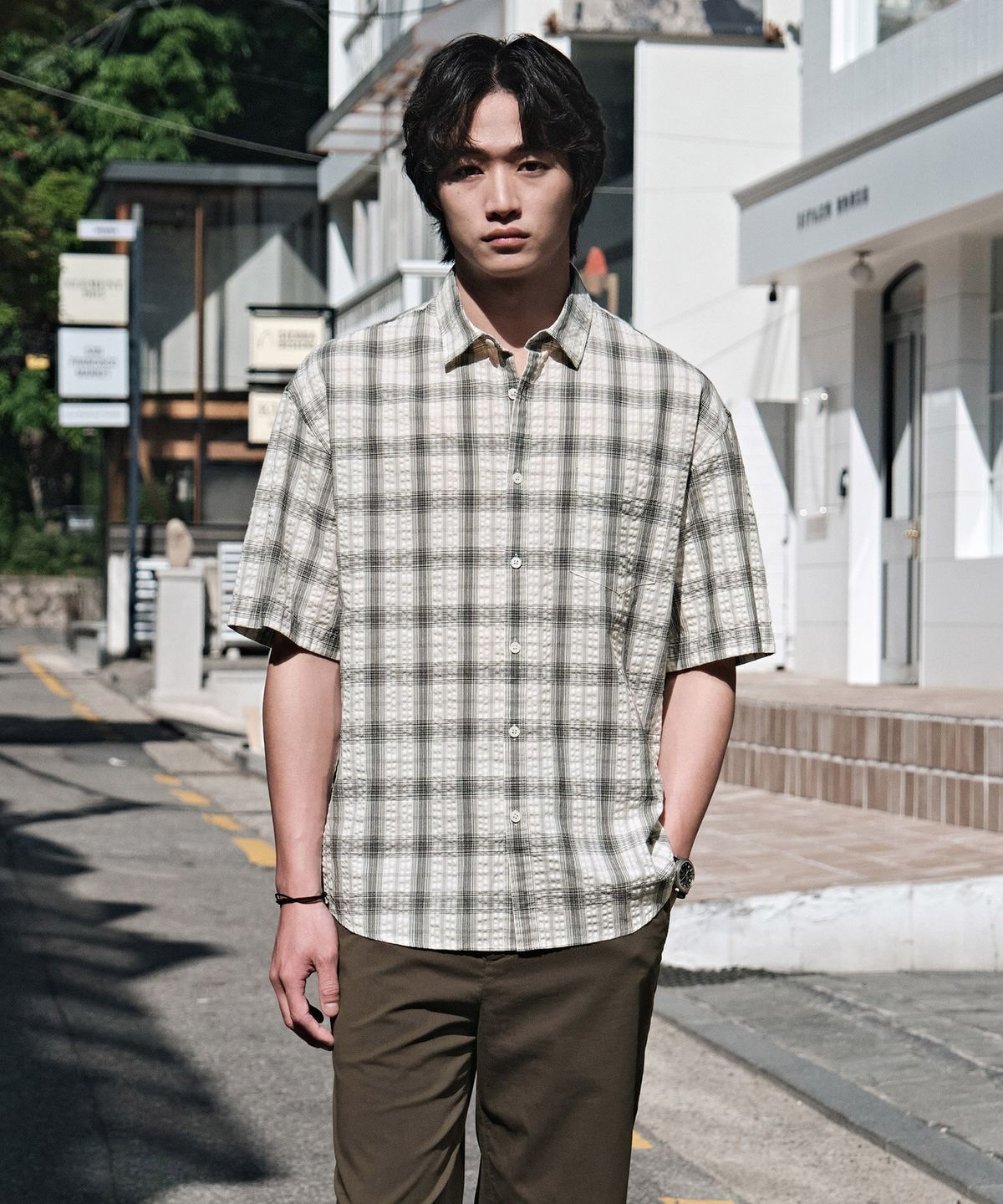 에스티코(STCO) VIBE SHIFT 시어서커 체크 반팔 셔츠_화이트 (오버핏)_LDSXB64OCW