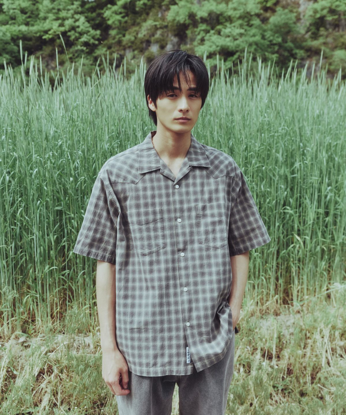 에스피오나지(ESPIONAGE) Textured Check Western S/S Shirt Dark Grey