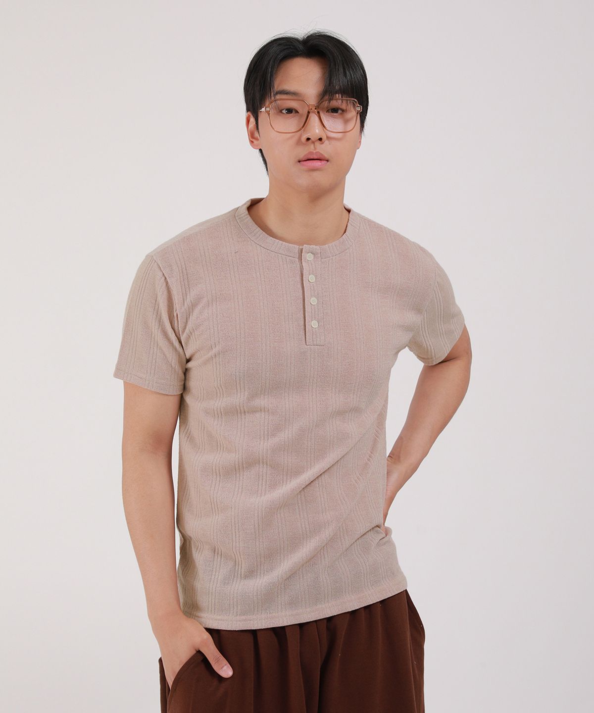 디벨로브(DEVELOVE) 골지 헨리넥 반팔 티셔츠_베이지