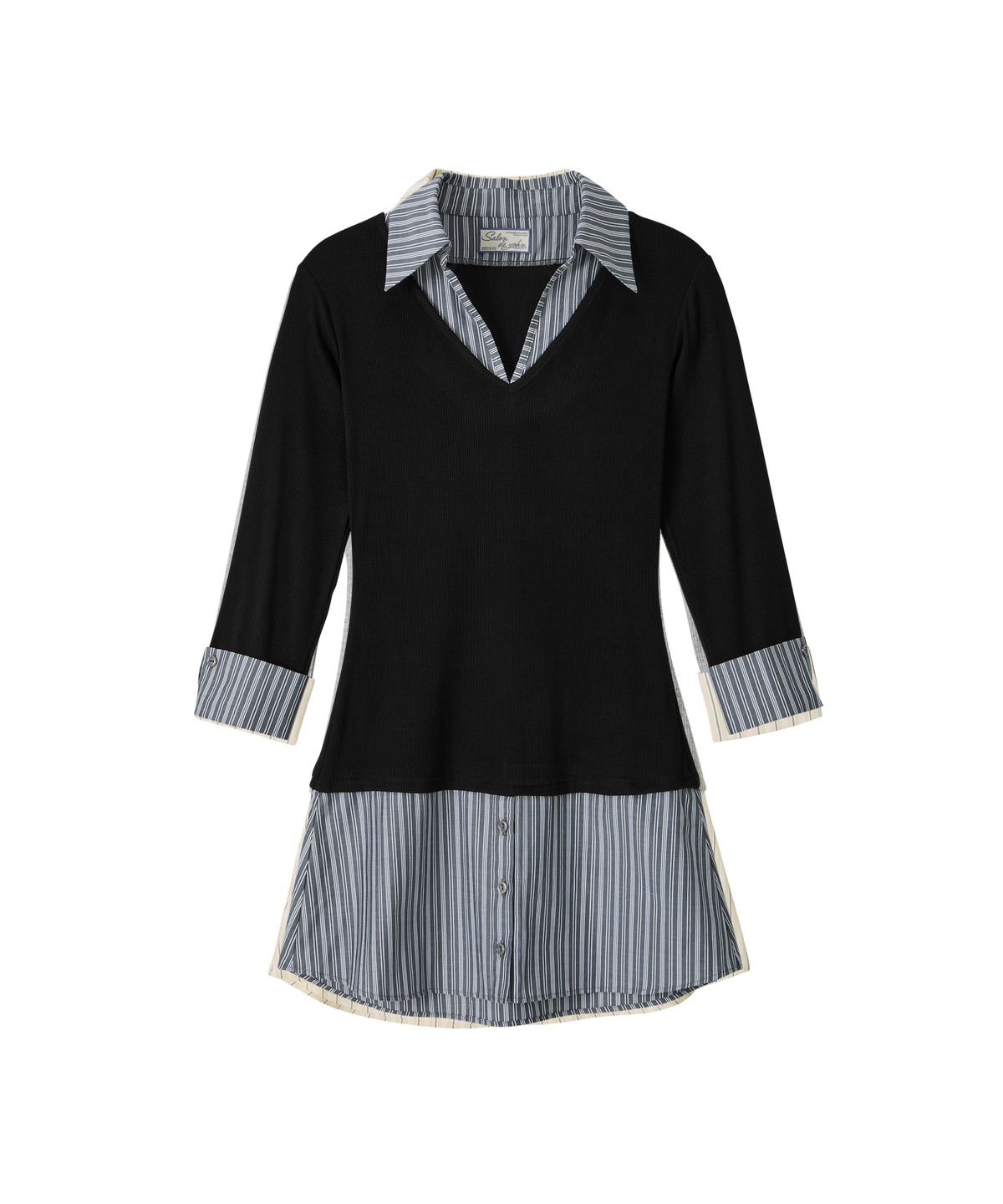 살롱 드 욘(SALON DE YOHN) Striped Shirt Detail Jersey Dress_ Black