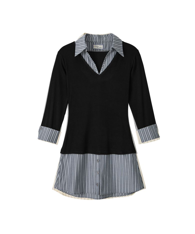 Striped Shirt Detail Jersey Dress_ Black