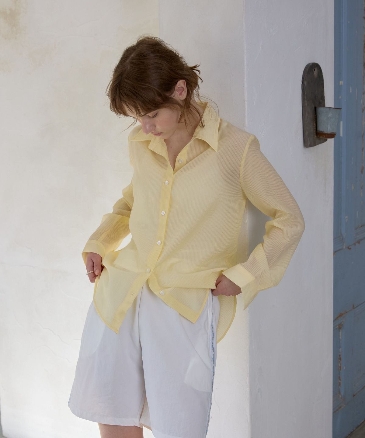 위오이(WIOE) Tencel Sheer Striped Shirt_Yellow