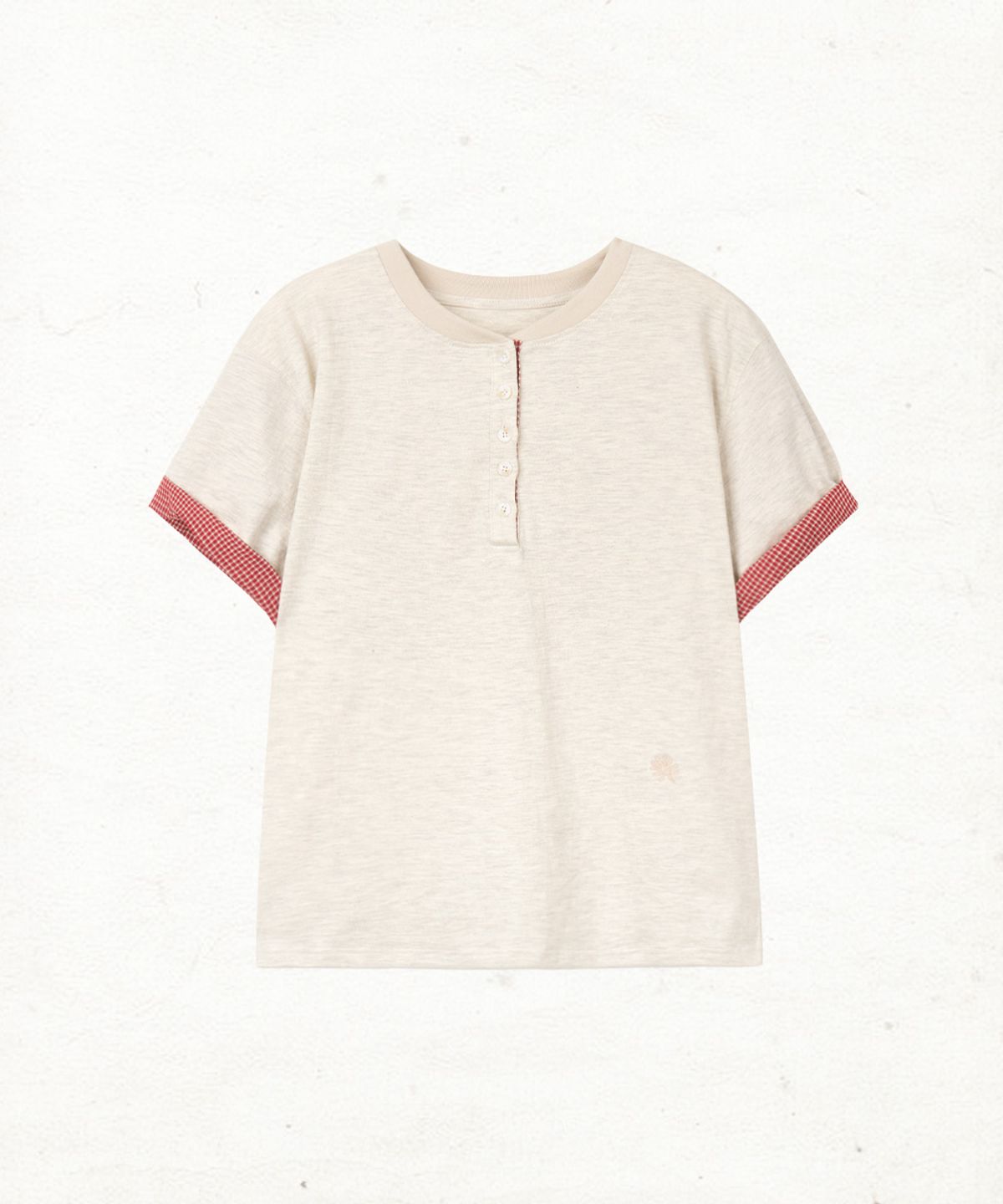 단델(DANDEL) DD check roll-up henley neck tee (OATMEAL)