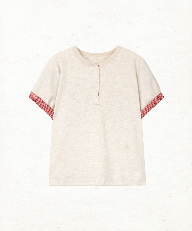 DD check roll-up henley neck tee (OATMEAL)