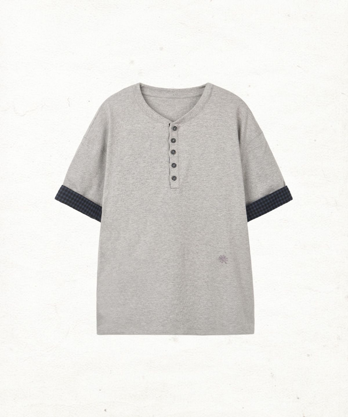 단델(DANDEL) DD check roll-up henley neck tee (GREY)