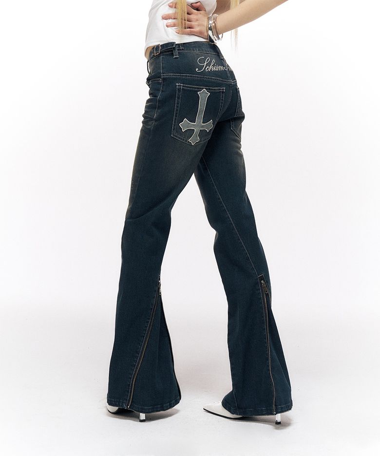 TWISTED BACK ZIPPER HEM JEANS BLUE