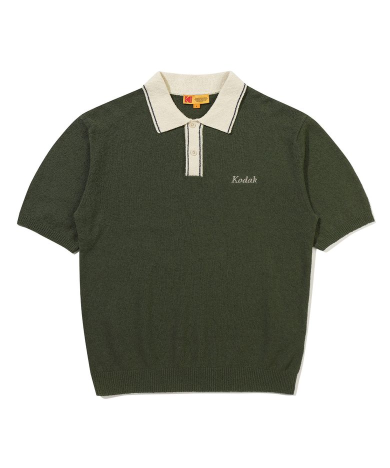 카라 배색 부클 반팔 니트 KHAKI