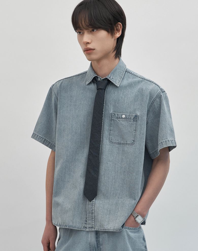 테누 세미 오버핏 데님 반팔 셔츠 [라이트 블루]
