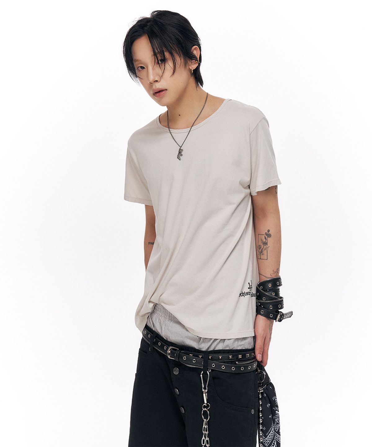 스키즘 인듀싱(SCHISM INDUCING) CROSS CROPPED T SHIRT LIGHT GREY