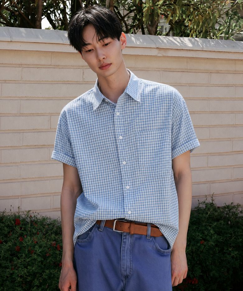 카로 세미 오버핏 코튼 깅엄 체크 반팔 셔츠 [블루]