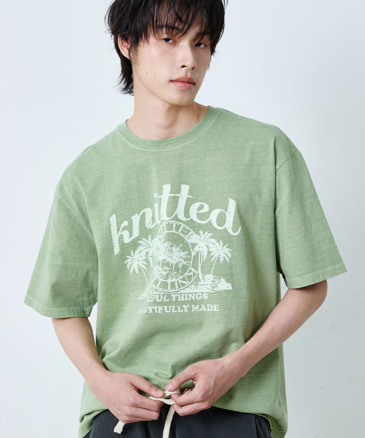 니티드(KNITTED) (UNISEX) 피그먼트 팜트리 그래픽 티셔츠 WASHING GREEN