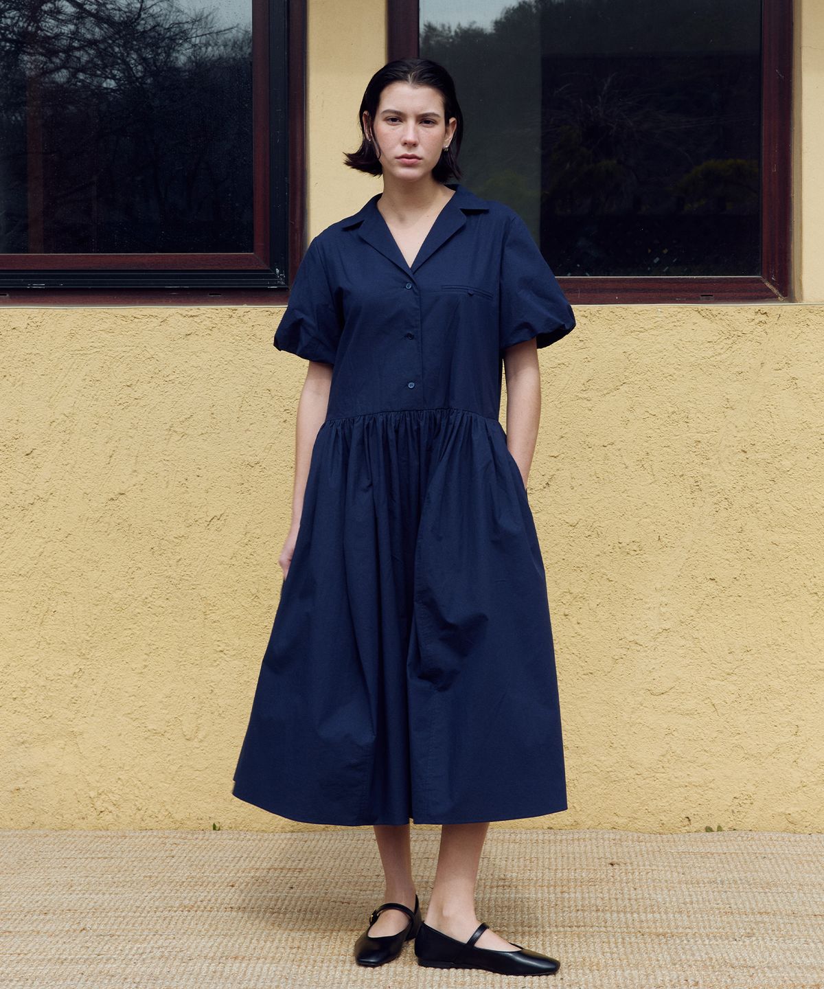 프리터(FRITUR) Shirring Shirt Dress Navy_F262OP05