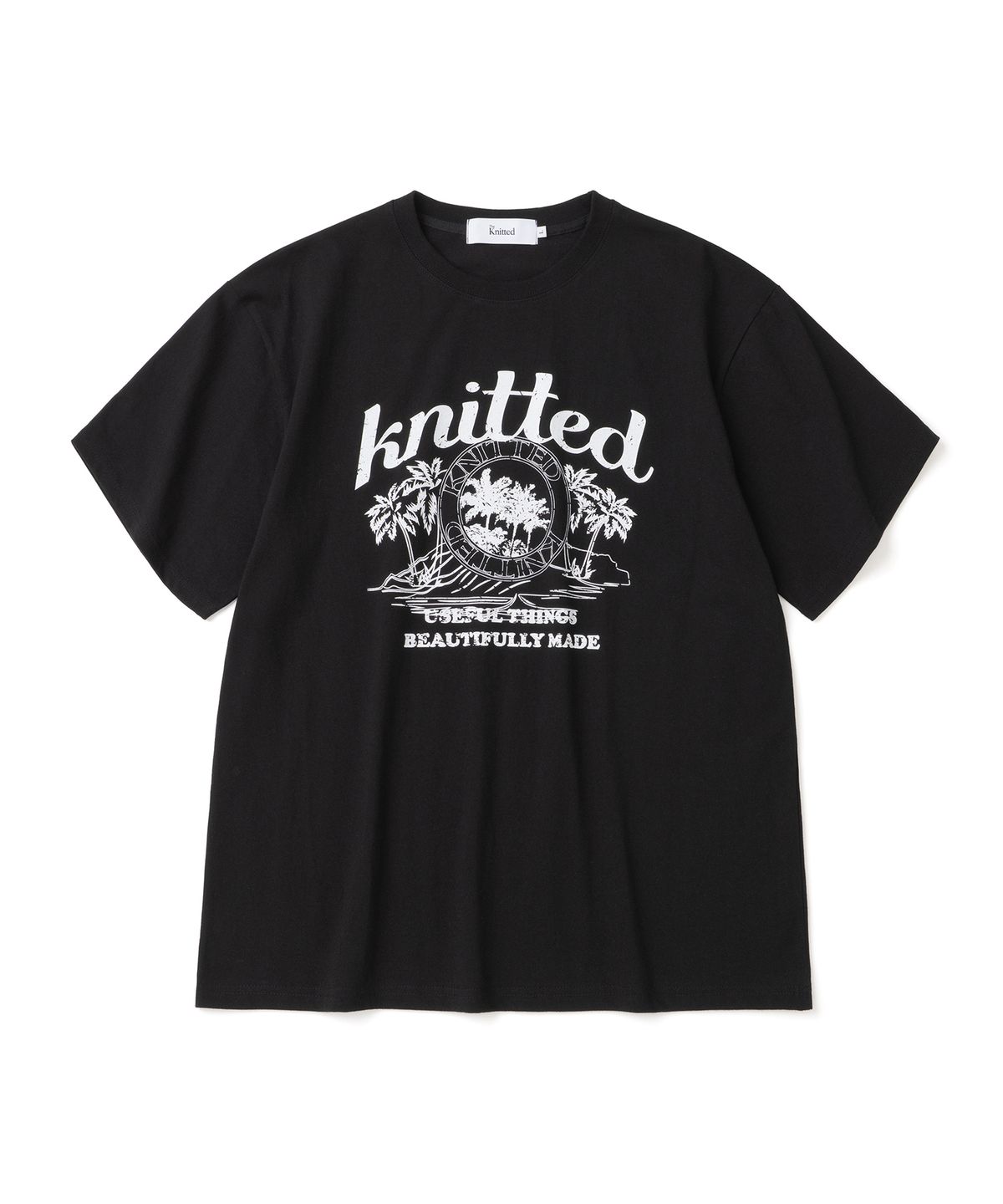 니티드(KNITTED) (UNISEX) 피그먼트 팜트리 그래픽 티셔츠 CROP BLACK