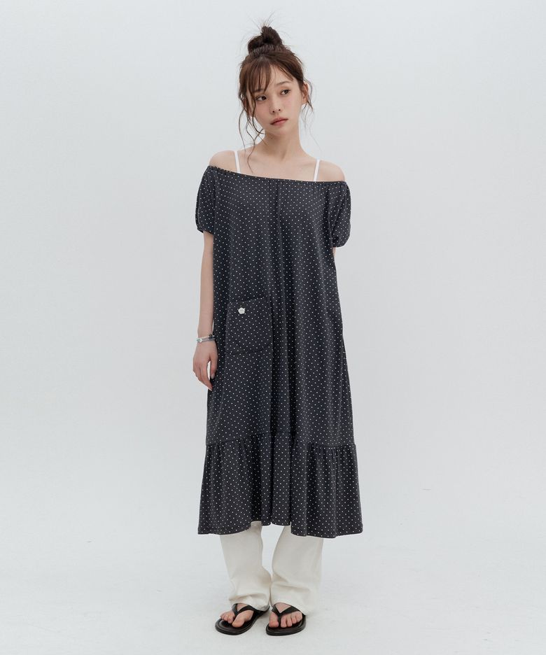 도트 포켓 롱원피스_차콜