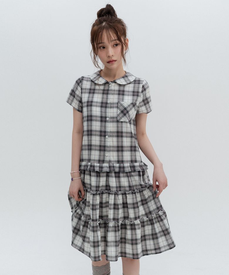 체크 라운드카라 미디원피스