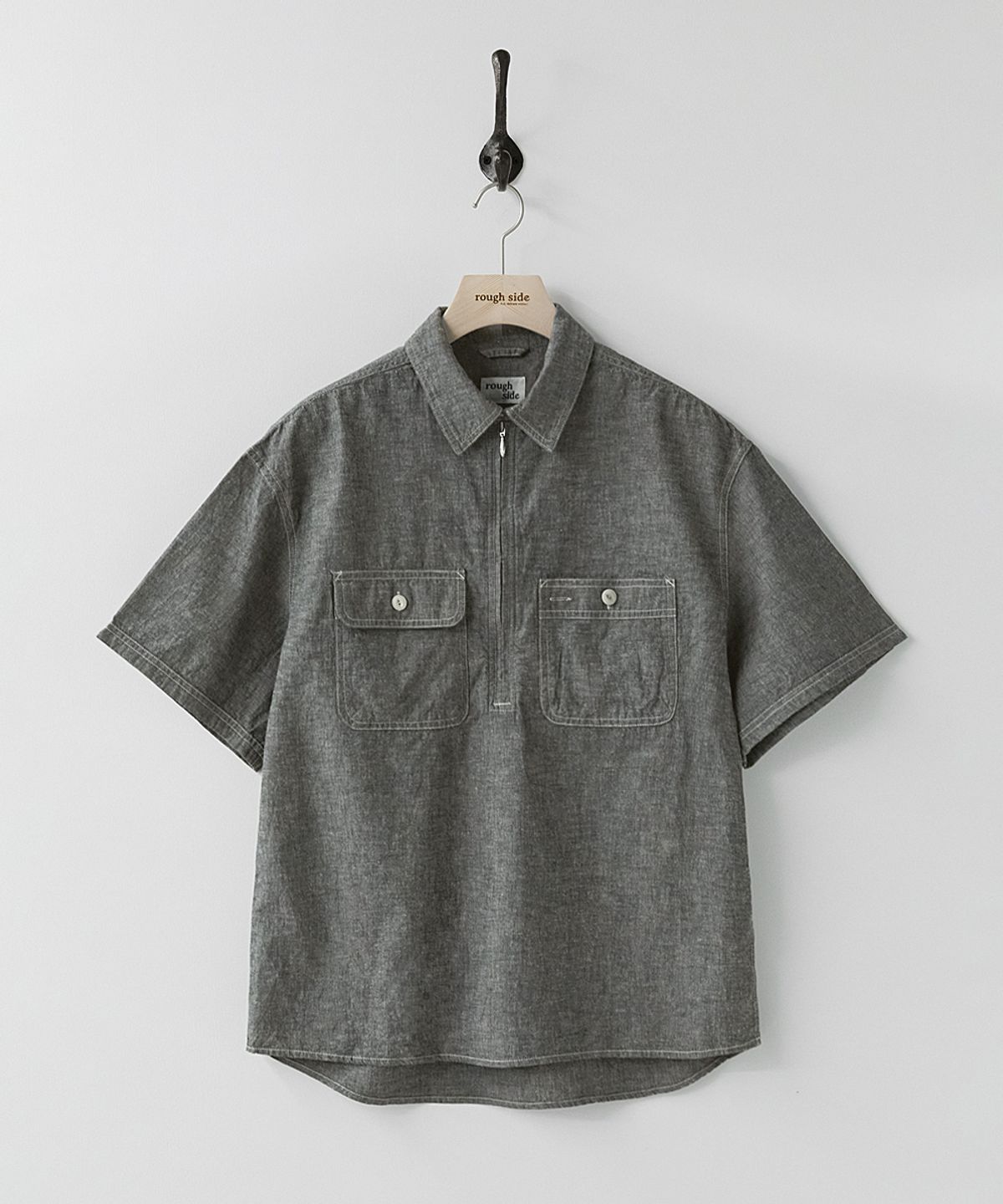 러프사이드(ROUGHSIDE) Chambray Half Zip Shirt Black Chambray