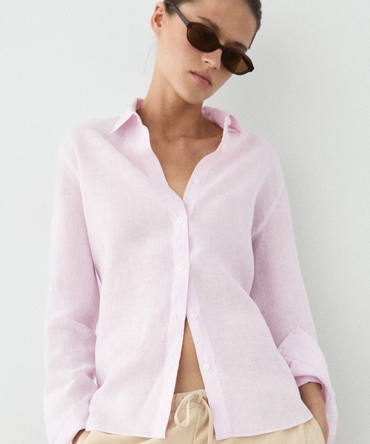 마시모두띠(MASSIMO DUTTI) 100% 린넨 스트라이프 디테일 셔츠