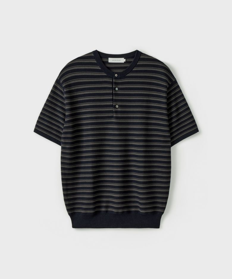 RUSTIC STRIPE HENLEY HALF KNIT [GRANITE NAVY]