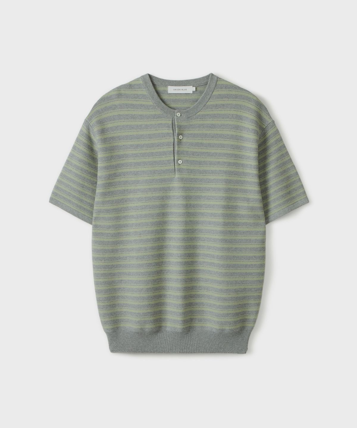 유니온블루(UNION BLUE) RUSTIC STRIPE HENLEY HALF KNIT [MATCHA GRAY]