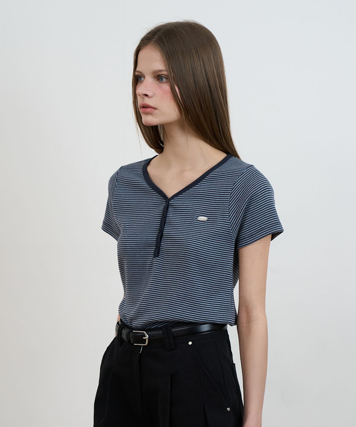 드헤베(DEHEVE) Stripe Henley Neck T-shirt [Navy]